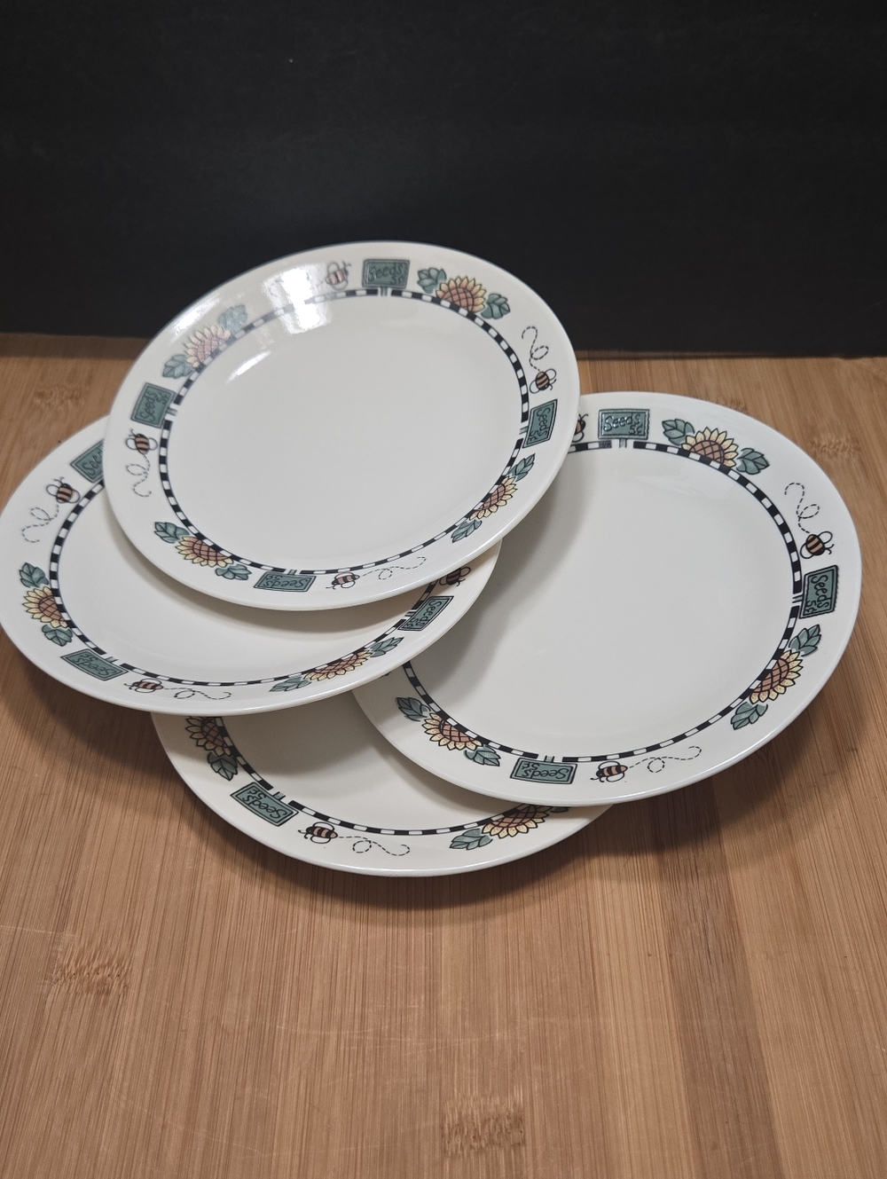 Corelle Sunblossoms Set 4 plates dishes sunflower bee seed border 6.75” bread